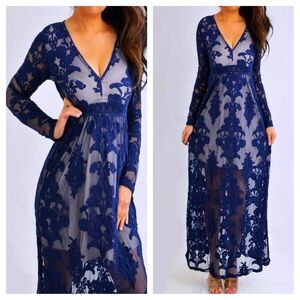 Vici Navy Floral Lace Long Sleeve Dress
